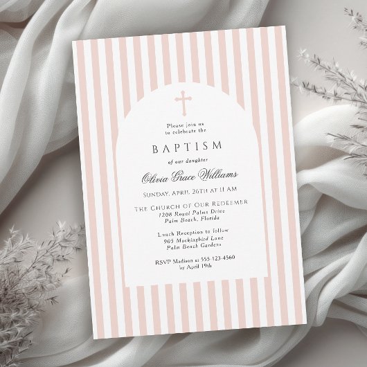 Elegant Pink Stripes Baptism Invitation for Girl Kaart