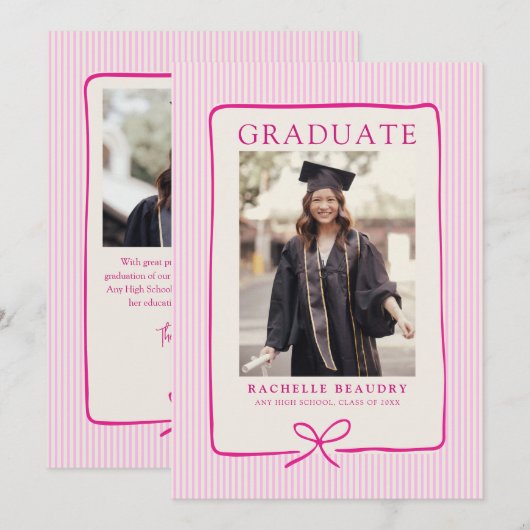 Elegant Pink Stripes Bow Frame Graduation Photo  Aankondiging (Voorkant / Achterkant)