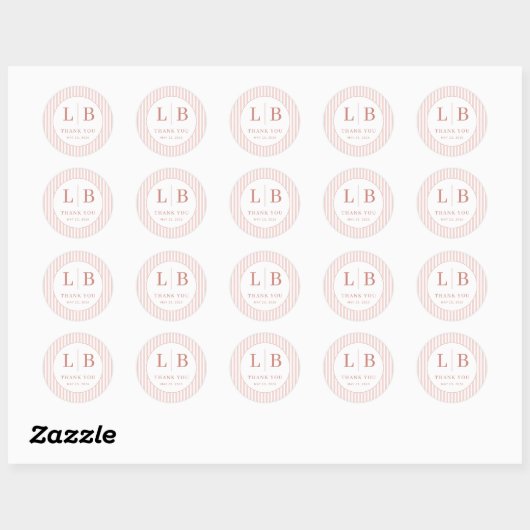 Elegant Pink Stripes Initials Ronde Sticker (Vel)