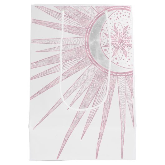 Elegant Pink Sun Moon Doodle Mandala White Design Medium Cadeauzakje (Achterkant)