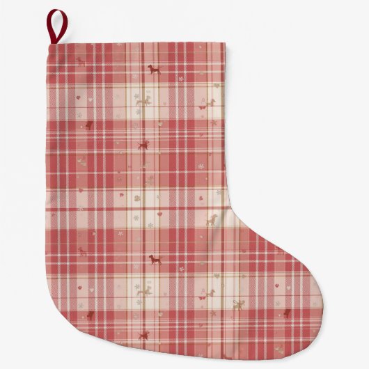 Elegant Pink Tartan Dog Christmas Stocking | Blush Grote Kerstsok (Voorkant)