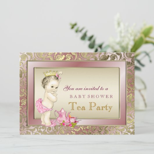 Elegant Pink Tea Party Baby shower Kaart (Staand voorkant)