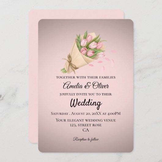 Elegant Pink Tulips Bouquet Wedding Kaart (Voorkant / Achterkant)