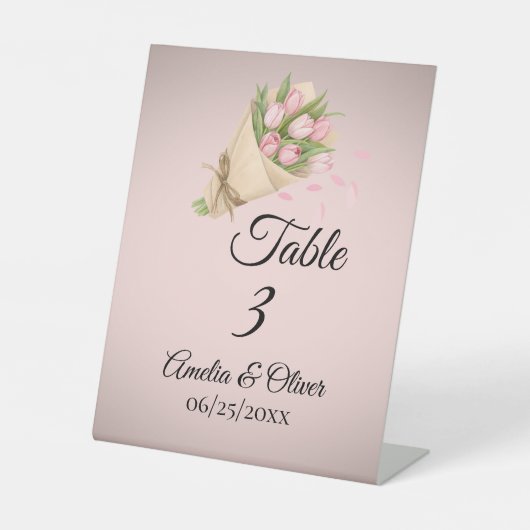 Elegant Pink Tulips Bouquet wedding Table Number Reclamebord Met Voetstuk (Voorkant)
