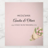 Elegant Pink Tulips Bouquet Wedding Wijn Etiket (Enkel label)