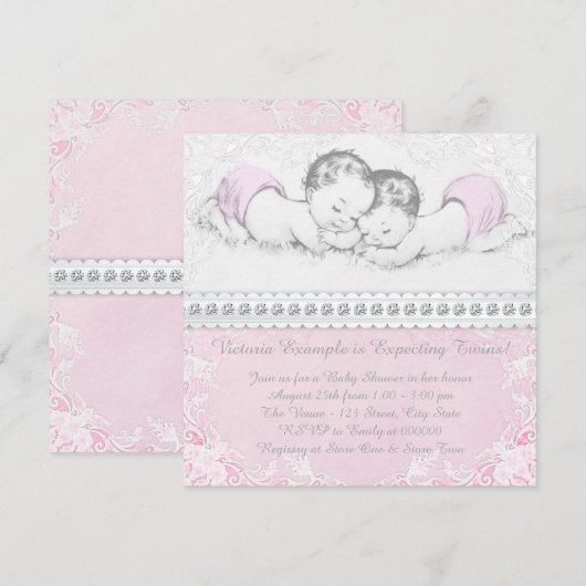 Elegant Pink Twin Girl Baby shower Kaart (Voorkant / Achterkant)