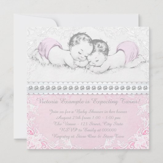 Elegant Pink Twin Girl Baby shower Kaart (Voorkant)