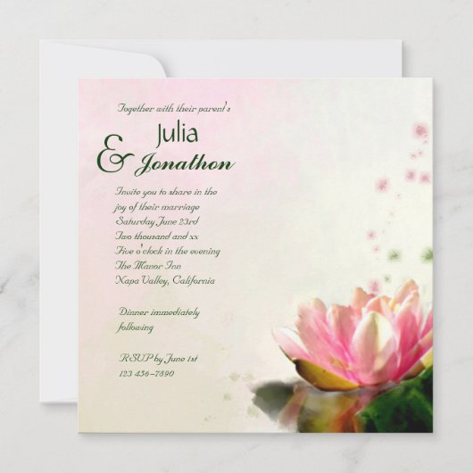 Elegant Pink Water Lily Wedding Invitation Kaart (Voorkant)