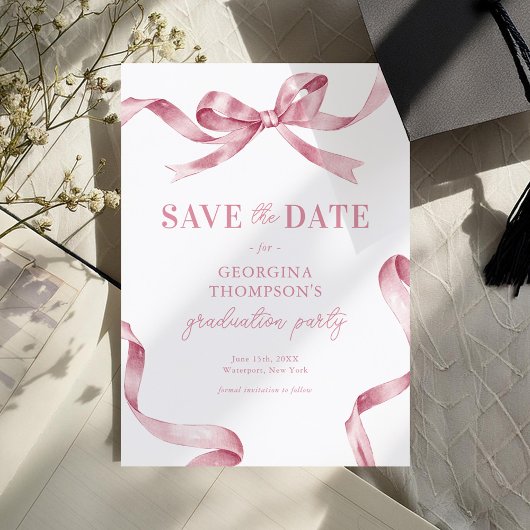 Elegant Pink Watercolor Bow Graduation Save The Date
