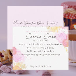 Elegant Pink Watercolor Cookie Care Instructions Bedankkaart