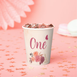 Elegant Pink Watercolor Floral One 1st Birthday  Papieren Bekers
