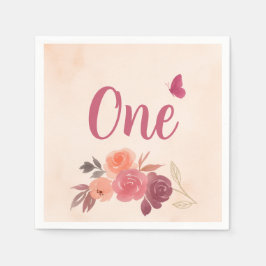 Elegant Pink Watercolor Floral One 1st Birthday  Servet