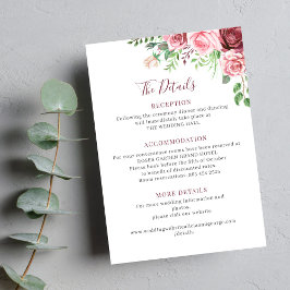 Elegant pink watercolor floral wedding details informatiekaartje