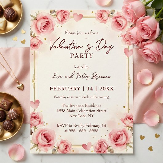 Elegant Pink Watercolor Valentine's Day Party Kaart