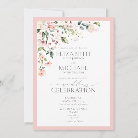 Elegant Pink Waterverf Floral Calligraphy Wedding Kaart (Voorkant)