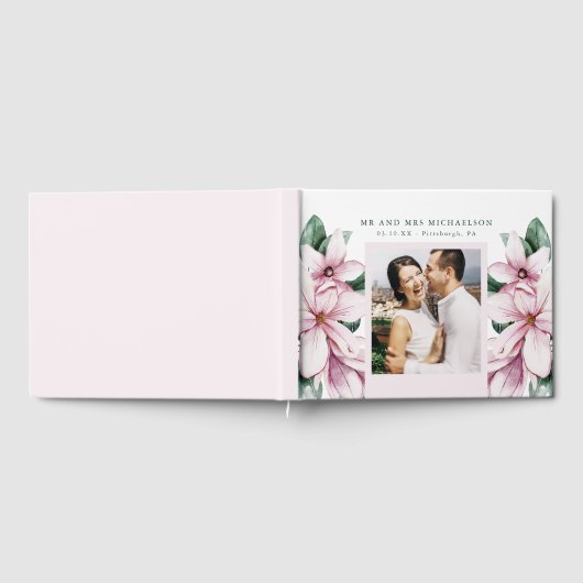 Elegant Pink Waterverf Floral Foto bruiloft Gastenboek (Volledig)