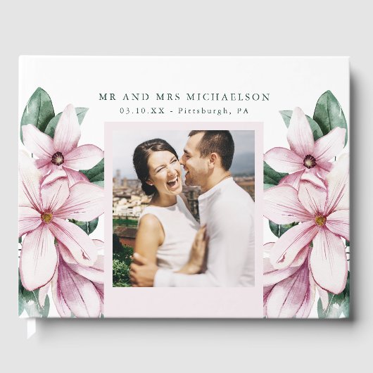 Elegant Pink Waterverf Floral Foto bruiloft Gastenboek (Voorkant)