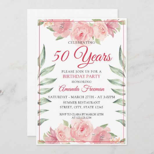 Elegant Pink Waterverf Rozen Moeder Verjaardag Kaart (Voorkant / Achterkant)