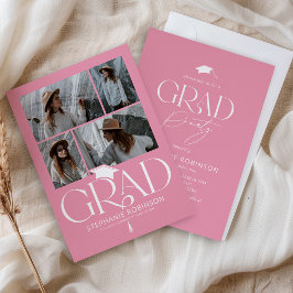 Elegant Pink & White 4 Photo Graduation Party Kaart