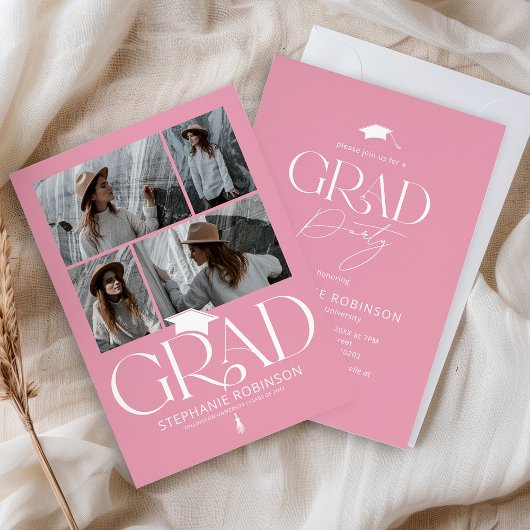 Elegant Pink & White 4 Photo Graduation Party Kaart