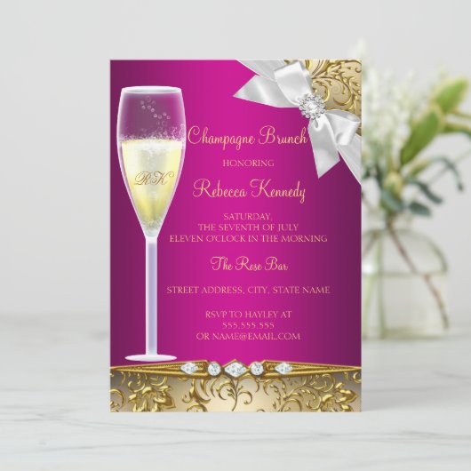 Elegant Pink White Champagne Brunch Invite Kaart (Staand voorkant)