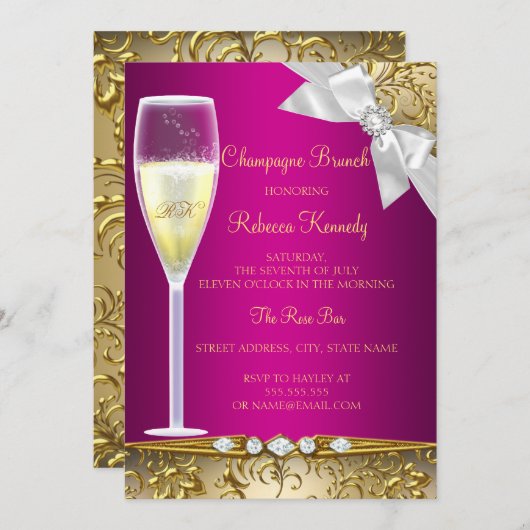 Elegant Pink White Champagne Brunch Invite Kaart (Voorkant / Achterkant)