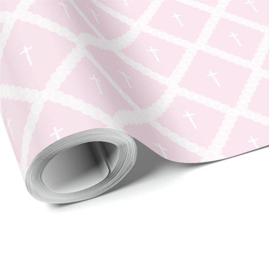 Elegant pink white cross pattern baptism cadeaupapier (Rol Hoek)