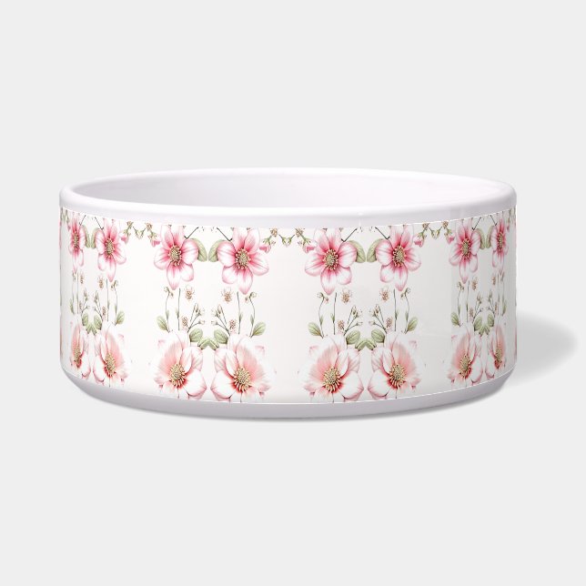 Elegant Pink White Floral Ceramic Pet Bowl Voerbakje (Voorkant)