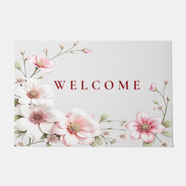 Elegant Pink White Floral Doormat Deurmat (Voorkant)
