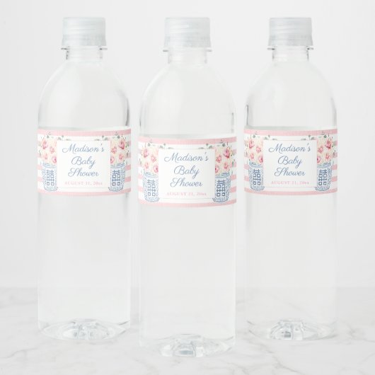 Elegant Pink & White Floral Girl Baby shower Party Waterfles Etiket (Flessen)