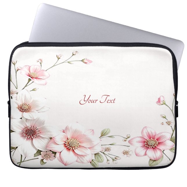 Elegant Pink White Floral Laptop Sleeve (Voorkant)