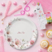 Elegant Pink White Floral Paper Plate Papieren Bordje (Feest)