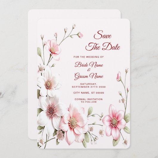 Elegant Pink White Floral Save The Date (Voorkant / Achterkant)