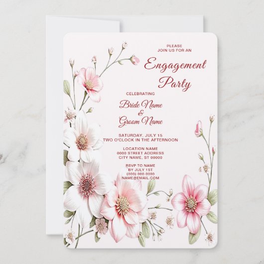 Elegant Pink White Floral Verloving Invitation Kaart (Voorkant)