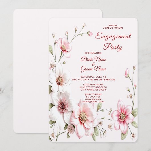 Elegant Pink White Floral Verloving Invitation Kaart (Voorkant / Achterkant)