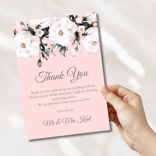 Elegant Pink White Floral Wedding Bedankkaart