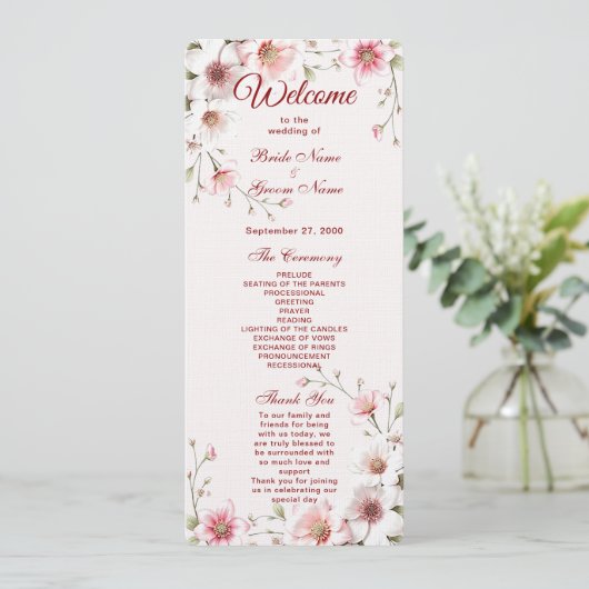 Elegant Pink White Floral Wedding Program Programmakaart (Staand voorkant)