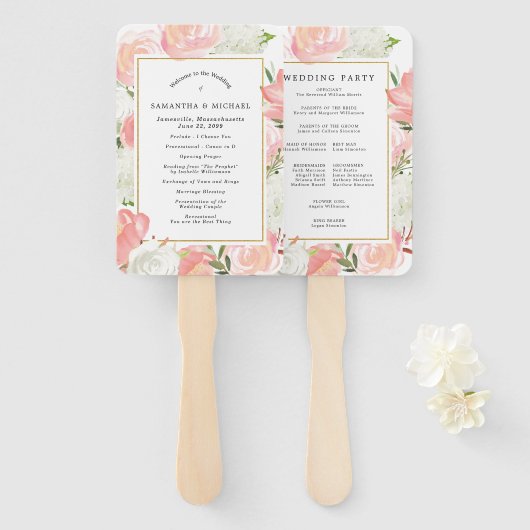 Elegant Pink White Floral Wedding Programme Handwaaier (Voorkant en achterkant)