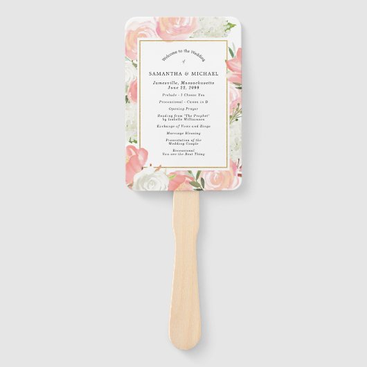 Elegant Pink White Floral Wedding Programme Handwaaier (Voorkant)