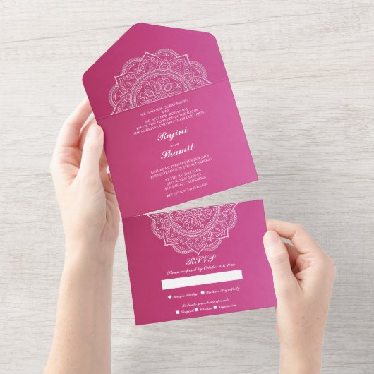 Elegant Pink White Indian Wedding (geen Env nodig) All In One Uitnodiging (Afscheurbaar)