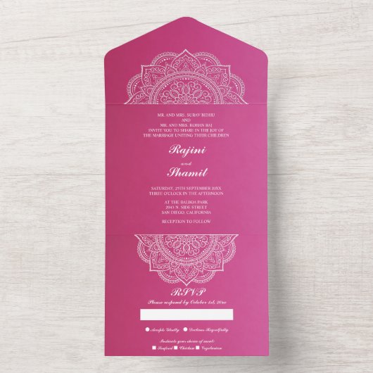 Elegant Pink White Indian Wedding (geen Env nodig) All In One Uitnodiging (Binnen)