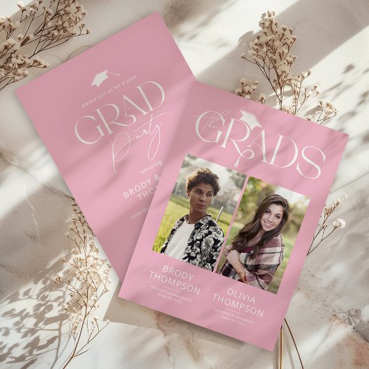 Elegant Pink & White Joint Graduation Party Photo Kaart