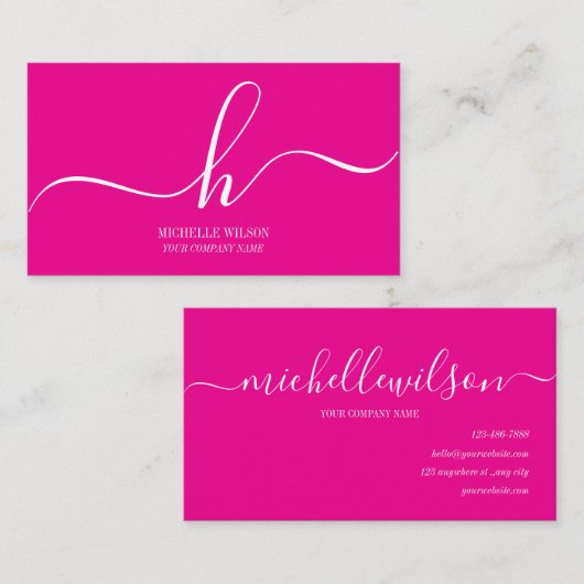 Elegant Pink White Monogram Initial Script Name  Visitekaartje (Voorkant / Achterkant)