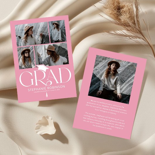 Elegant Pink & White Photo Collage Graduation Aankondiging