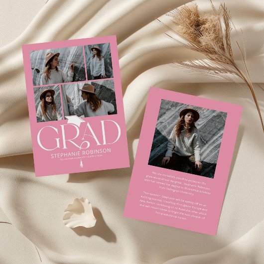Elegant Pink & White Photo Collage Graduation Aankondiging