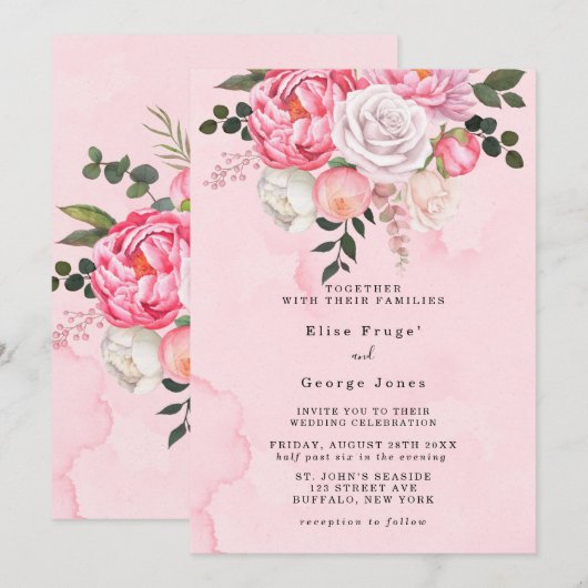 Elegant Pink White Waterverf Florals Wedding Kaart (Voorkant / Achterkant)