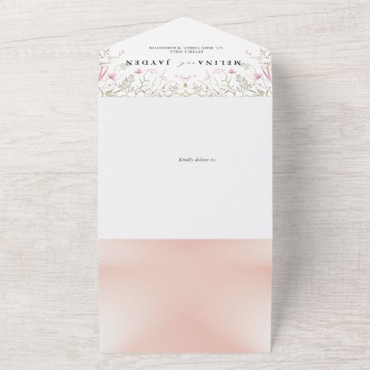 Elegant Pink Wild Floral Wedding All In One Uitnodiging (Buitenkant)