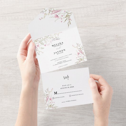 Elegant Pink Wild Floral Wedding All In One Uitnodiging (Afscheurbaar)