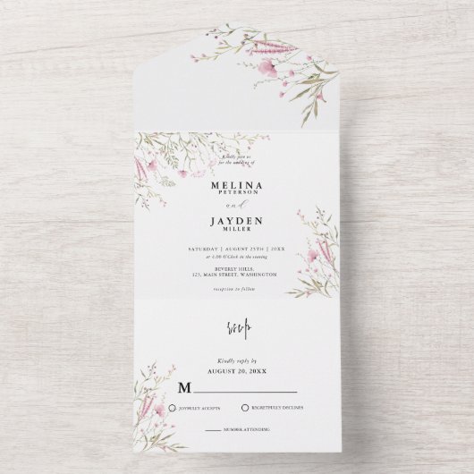 Elegant Pink Wild Floral Wedding All In One Uitnodiging (Binnen)