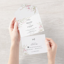 Elegant Pink Wild Floral Wedding All In One Uitnodiging